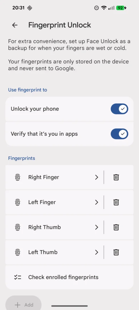 Android 16 QPR1 允许你查看在 Pixel 手机上录入了哪些指纹