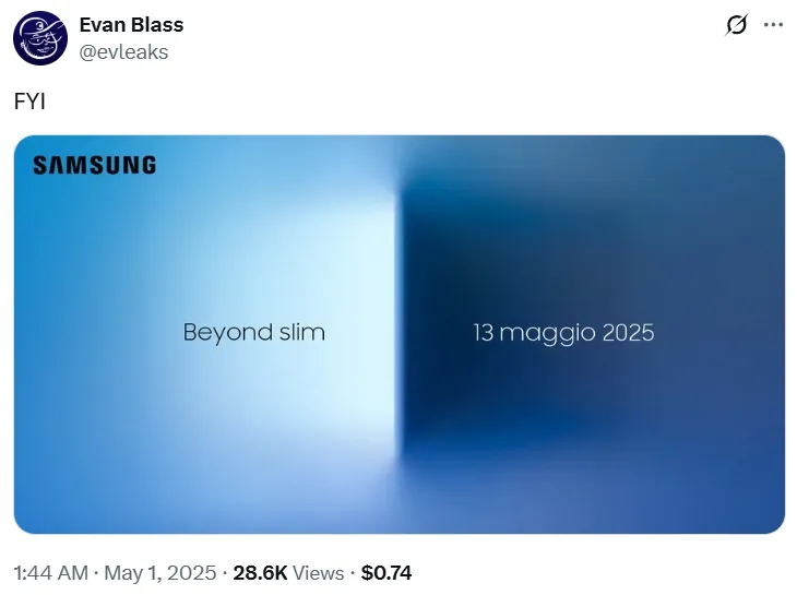知名博主 Evan “evleaks” Blass 分享了一张疑似 Galaxy S25 Edge 的西班牙语市场宣传海报。