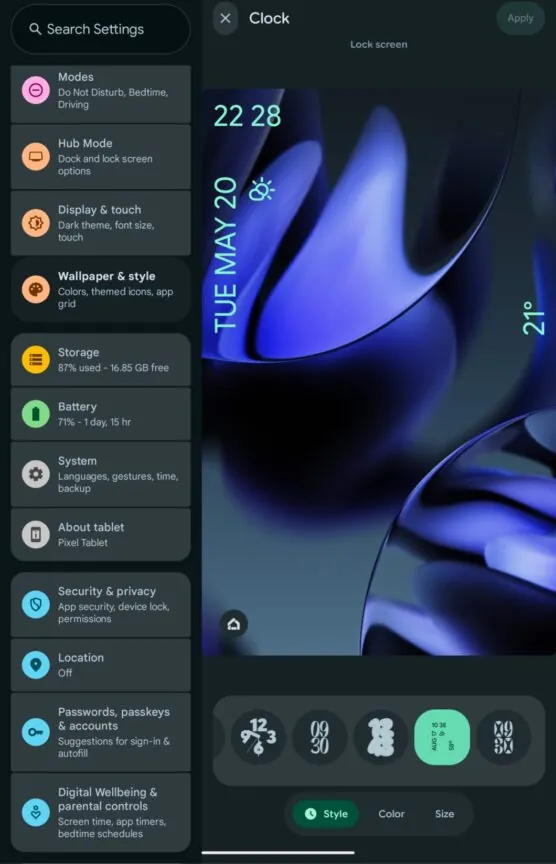 Android 16 QPR1 Beta 1 为 Pixel 平板带来了锁屏时钟自定义功能