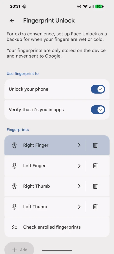 Android 16 QPR1 允许你查看在 Pixel 手机上录入了哪些指纹