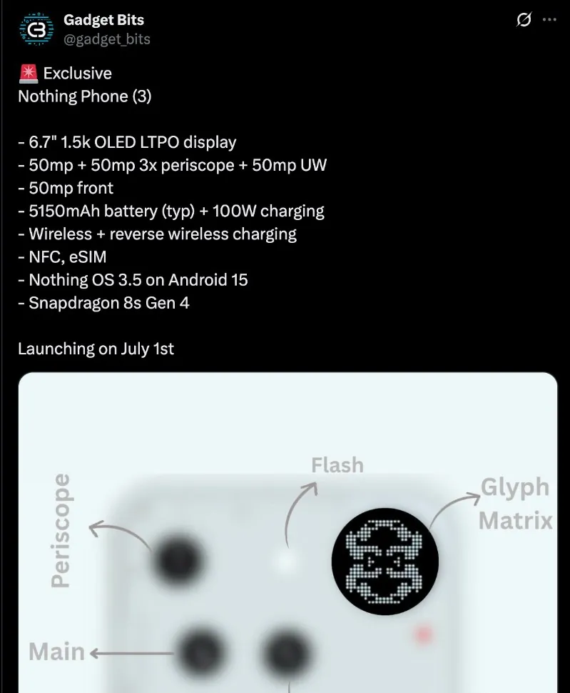 Nothing Phone 3 规格泄露：尽管搭载次旗舰芯片，但迎来重大升级