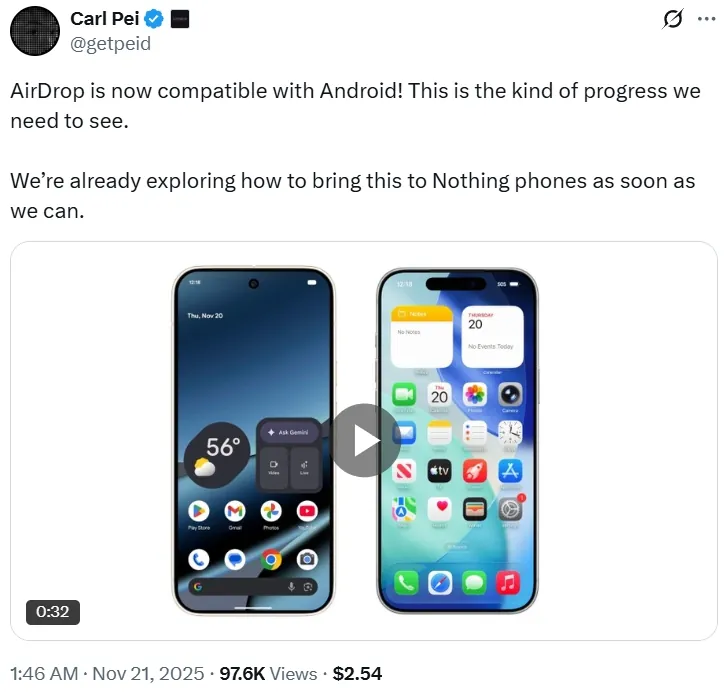 Nothing 计划成为第二个挑战苹果 AirDrop 优势的安卓品牌